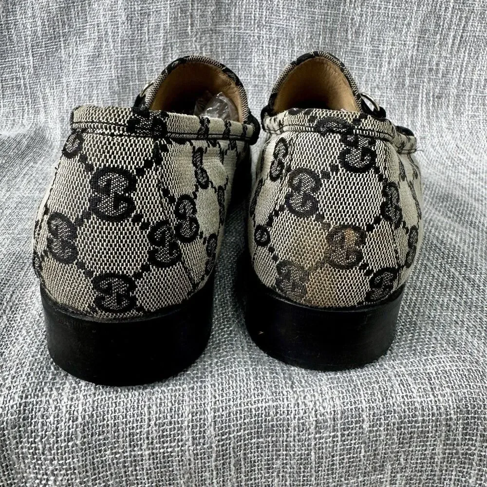 Vintage Gucci GG Monogram Canvas Horsebit Loafer Almond Toe Black Gray 10B